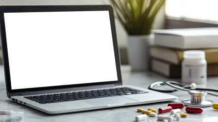 A close-up of an open laptop with a white screen stands on a table next to tablets and a stethoscope. Laptop mockup in medical style. The scene suggests a medical facility, perhaps a doctor's office