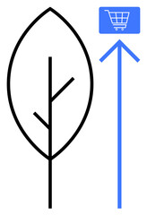 Black outline of a leaf next to a blue upward arrow pointing at a shopping cart. Ideal for eco-conscious commerce, sustainability, green living, online shopping, environmental responsibility