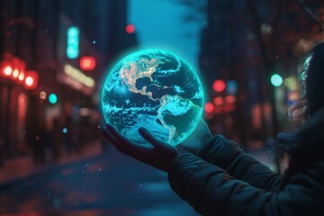 Fototapeta premium Ethereal Globe in Hands Against Urban Night Street Scene
