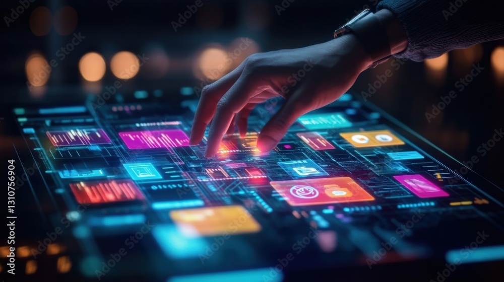 Poster software engineer interacting with a complex futuristic holographic interface showing big data analy