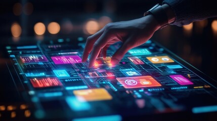 Software engineer interacting with a complex futuristic holographic interface showing big data analysis, charts, and key performance indicators