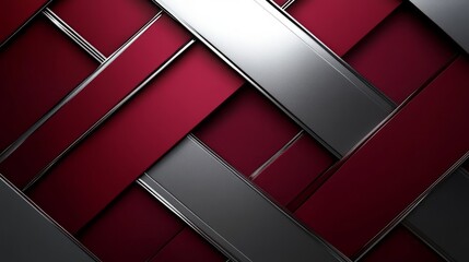 Overlapping red and silver metallic strips form a geometric design