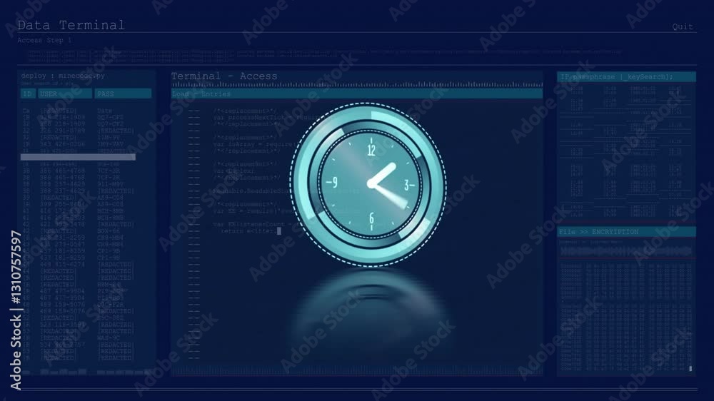 Aufkleber digital clock animation over computer terminal with coding in progress