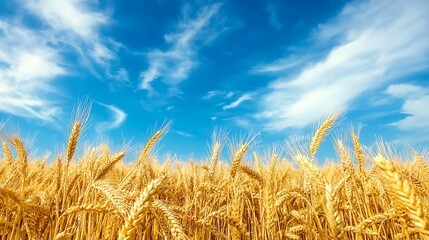 Golden Wheat Field Under Blue Sky and Fluffy Clouds on a Sunny Day