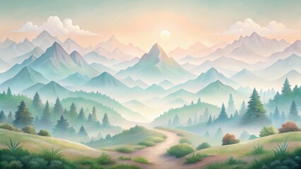 Fototapeta premium Serene Sunrise Over Misty Mountain Range and Winding Path Through Evergreen Forest