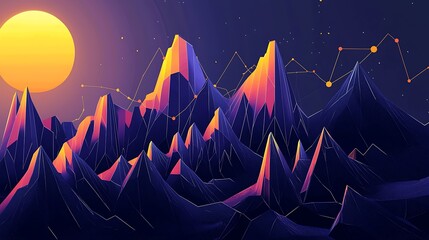 Vibrant Geometric Mountains Under a Colorful Sunset with Abstract Data Visualizations