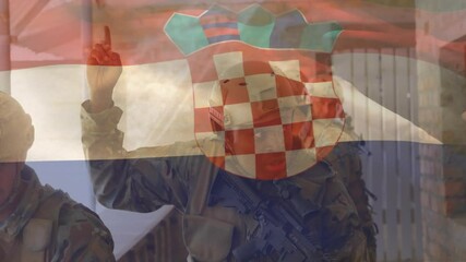 Croatian flag overlay, soldiers in tactical gear standing together outdoors - Powered by Adobe