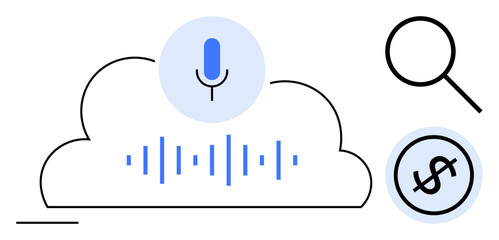 Microphone within a cloud representing speech recognition, audio waveforms, magnifying glass, and dollar icon. Ideal for voice technology, audio analysis, cloud computing, data search, AI innovation
