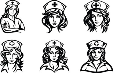Stylized Nurse line art vector illustration, Stylized Nurse silhouette vector illustration set, Stylized Nurse vector logo icon design
