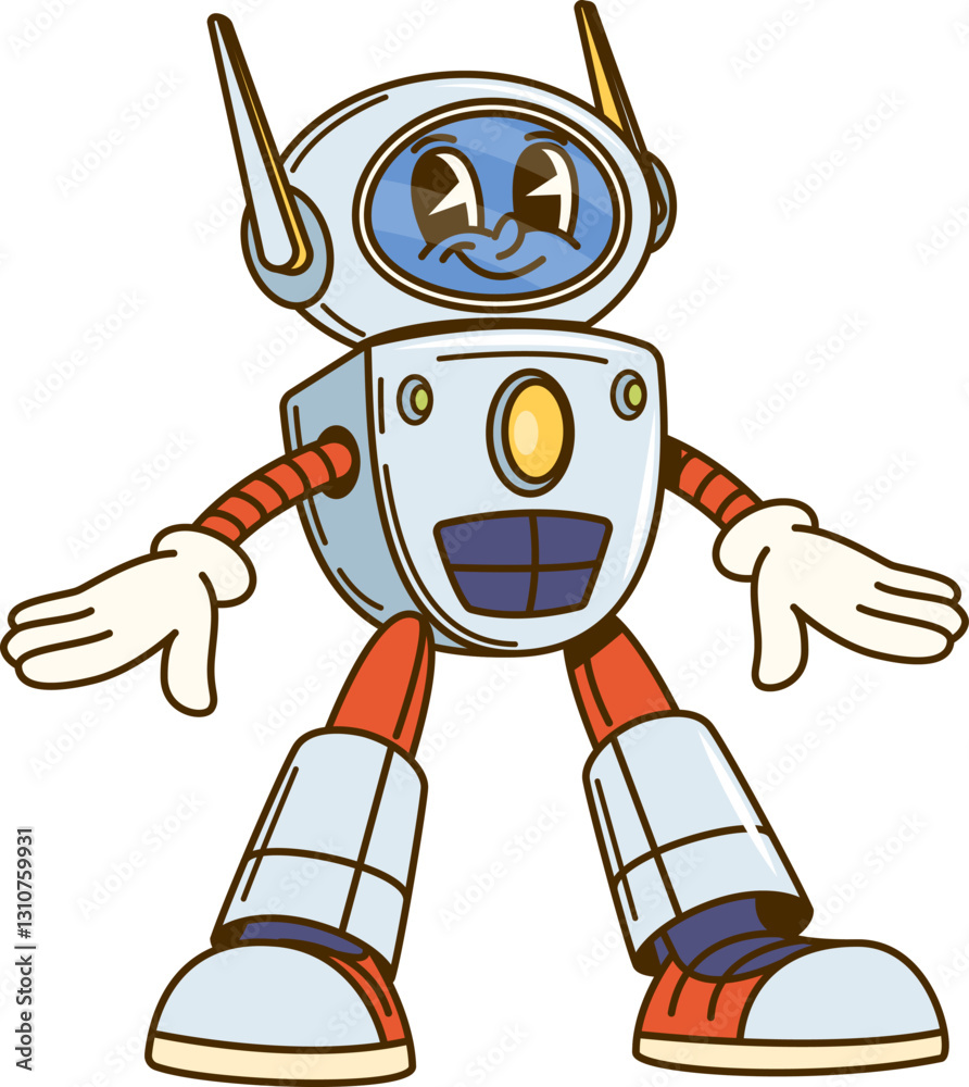 Poster cartoon groovy robot with antennas character. futuristic cyborg, artificial intelligence android gro