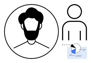 Simplified profile of a bearded man inside a circle, generic user silhouette, abstract chart with arrow and pie segment. Ideal for identity, personalization, analytics, demographics, profile