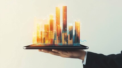 
Businessperson's hand holding tablet displaying financial growth charts, data graphs on white background. Concept of market analysis and investment