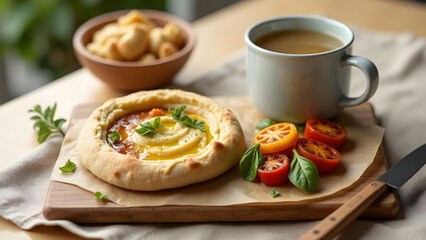 A rustic breakfast of pita bread with hummus, roasted vegetables, and mint tea. Soft lighting highlights the textures, set on a light wood table with a raw linen cloth.