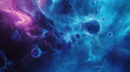 Obraz premium Neural pathways and atomic bonds forming a glowing interconnected web in a deep blue atmosphere.