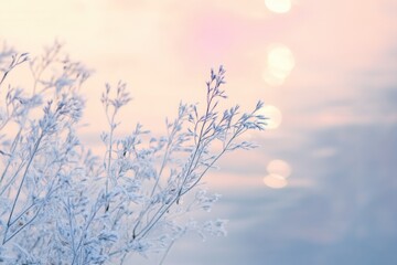 Obraz premium Frozen ice crystals reflect soft winter light on delicate branches by a tranquil water surface at dawn