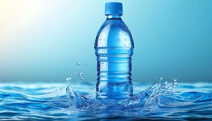 Refreshing bottled water splashing in blue water.