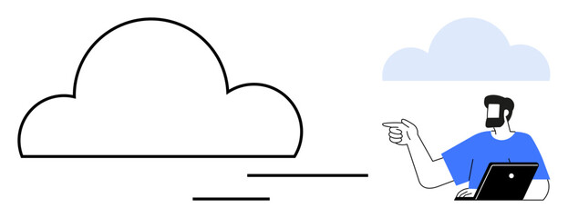Man using laptop while pointing at cloud, conceptualizing cloud computing. Ideal for themes thumbs up cloud technology, digital transformation, data storage, remote work, innovation, internet