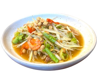 Papaya salad or Som Tam on dish in white background