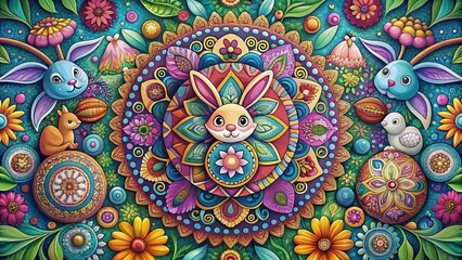 Panoramic Colorful Easter Mandala Doodle Art Illustration: Festive Spring Design