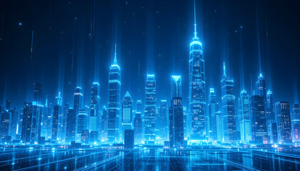 Fototapeta premium Futuristic city skyline with illuminated skyscrapers glowing in blue neon lights, representing technology, innovation, and urban development. Perfect for smart cities, AI, cyber networks, and digital 