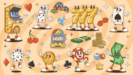 Groovy gambling and casino characters with cartoon playing cards, roulette, chips and dice. Cute groovy gambling game and casino vector personages of slot and arcade machine, money bills, gold coins © Vector Tradition