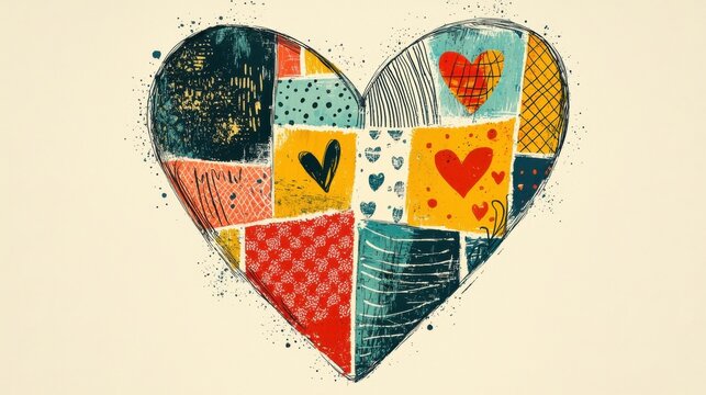 A colorful patchwork heart illustration composed of geometric shapes and decorative patterns.
