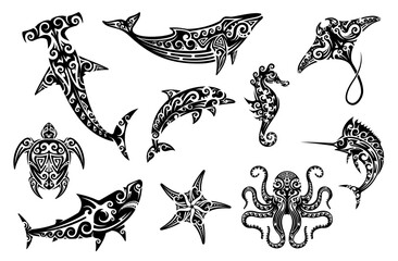 Maori tribal animal tattoo set featuring sea creatures black silhouettes with swirling patterns. Vector hammerhead shark, star, whale, dolphin and sea horse, octopus, turtle or stingray with swordfish © Vector Tradition