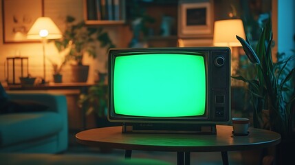 Retro TV with green screen in cozy room.