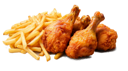 Crispy fried chicken with French fries isolated on transparent background, PNG