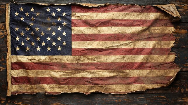 A vintage American flag with 36 stars lies on a weathered wooden surface, embodying patriotic heritage.