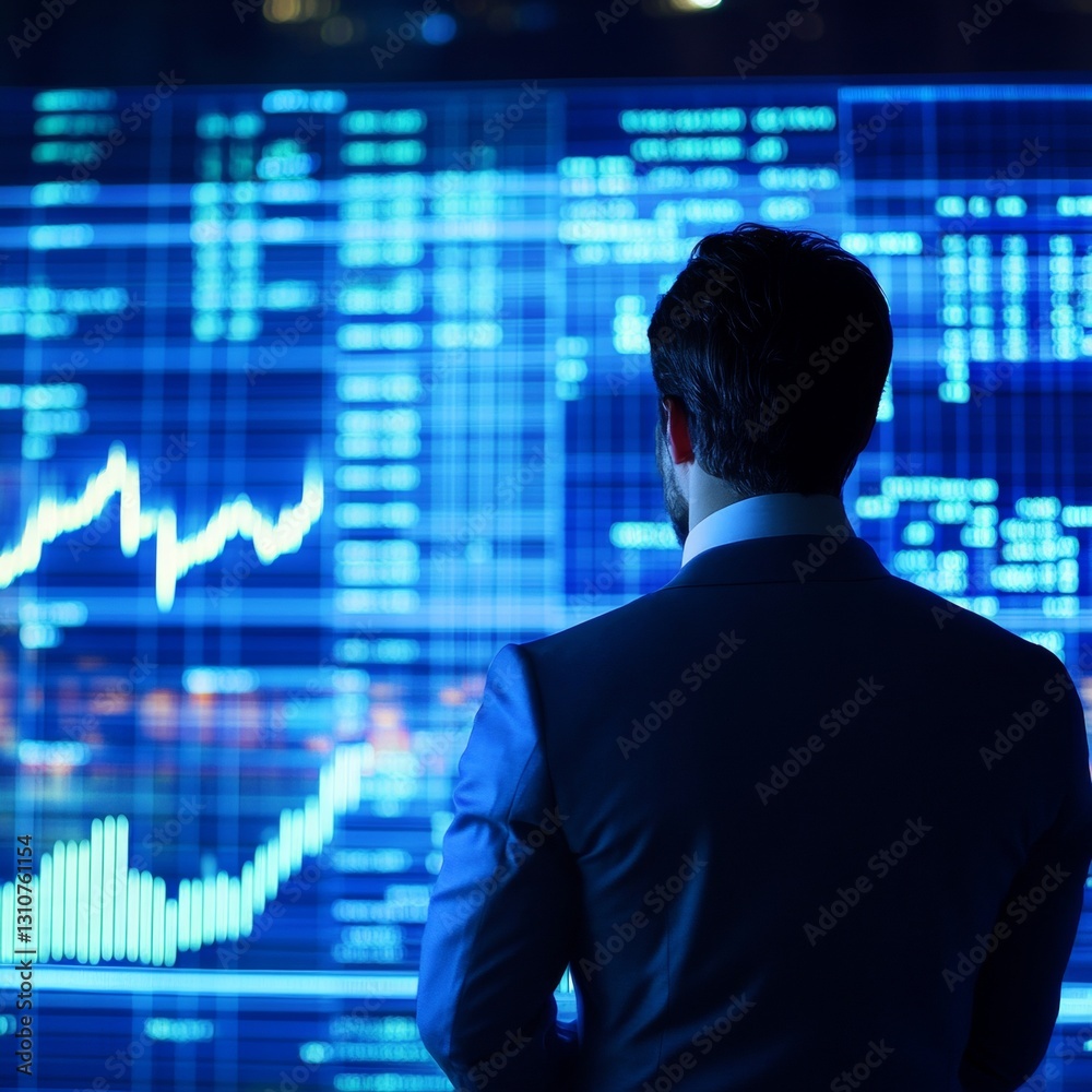 Poster a man in a suit is looking at a computer screen with a lot of numbers and graphs