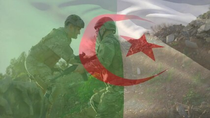 Soldiers in action on rugged terrain with Algerian flag animation overlaying - Powered by Adobe