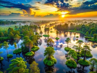 Fototapeta premium Panoramic Drone View of Lush Swamp, Aerial Photography of Wetlands, Nature Background