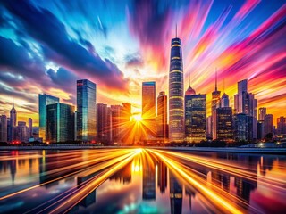 Fototapeta premium Panoramic Dynamic Business Background: Abstract Shapes and City Skyline