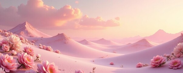 Elegant panoramic landscape in pastel pink and ivory tones with shimmering gold highlights, ivory, landscape, pink