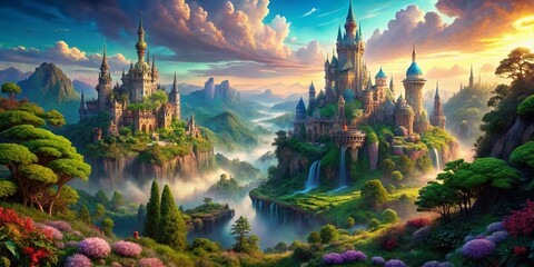Fototapeta premium Panoramic Fantasy Kingdom: Magical Landscape, Enchanting Forest, Mystical Castle, Fairytale Realm, Adventure Scene