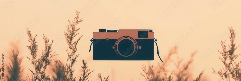 Aufkleber vintage camera silhouette in warm tones with a minimalist design surrounded by soft grass at dusk ev