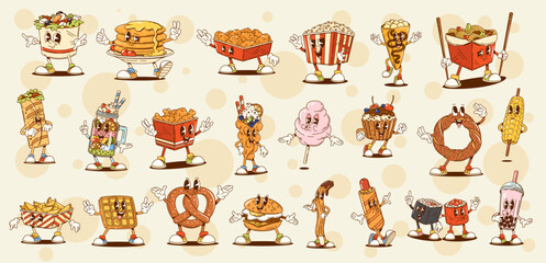 Cartoon groovy fast food characters of retro cute burgers, pastry desserts and junk drinks. Groovy hippie fast food vector personages with funny hot dog, fried chicken, sushi, popcorn and burrito