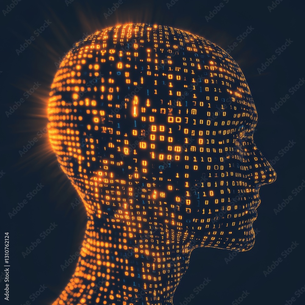 Poster abstract digital figure created with binary code and light effects