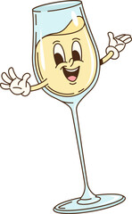 Cartoon groovy white wine alcohol glass character. Merlot and bordeaux beverage glass vintage funky vector mascot. Restaurant cocktail goblet happy character, white wine funny groovy personage