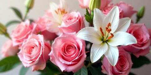 Elegant arrangement of pink roses and white lilies, petals, flora, flowers