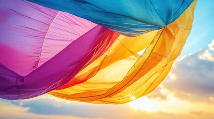 Colorful translucent fabrics billow against the sky at sunset, creating a dreamy abstract pattern.