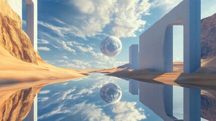A tranquil, surreal world with soft cubes, rolling dunes, and an infinite reflective water body.