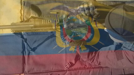 Holding rifle with Ecuadorian flag overlay, person symbolizing national defense concept - Powered by Adobe