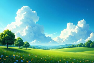 Fototapeta premium Dreamy landscape featuring vast blue sky, trees, and billowing clouds, peaceful, nature, surreal