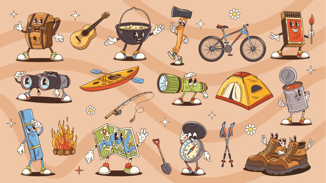 Cartoon groovy travel and tourism characters. Retro hippie tourist compass, backpack, map and tent vector personages. Groovy travel and outdoor adventure binoculars, campfire, pot, axe and flashlight