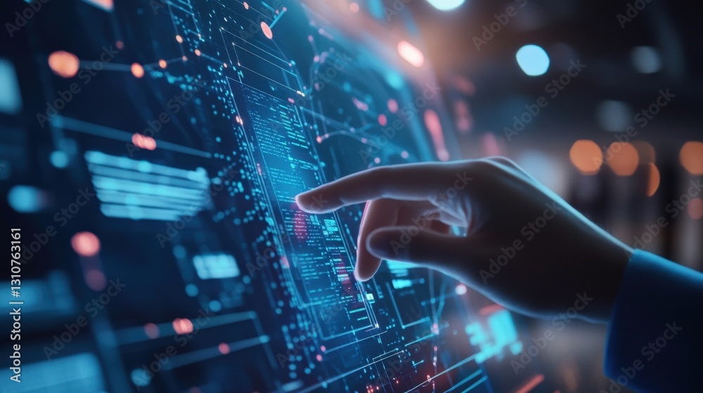 Poster businessman interacting with a futuristic interface, navigating complex data displays and highlighti