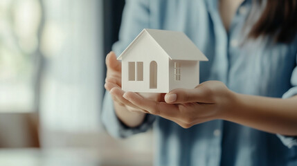 A real estate agent’s hand holding a house model, symbolizing property investment, homeownership, and real estate business. Ideal for realty, mortgage, and housing concepts.