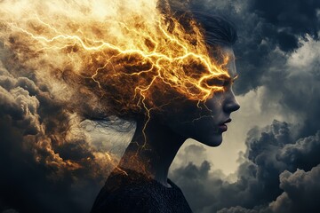 Woman Profile with Lightning and Storm Clouds Artistic Concept