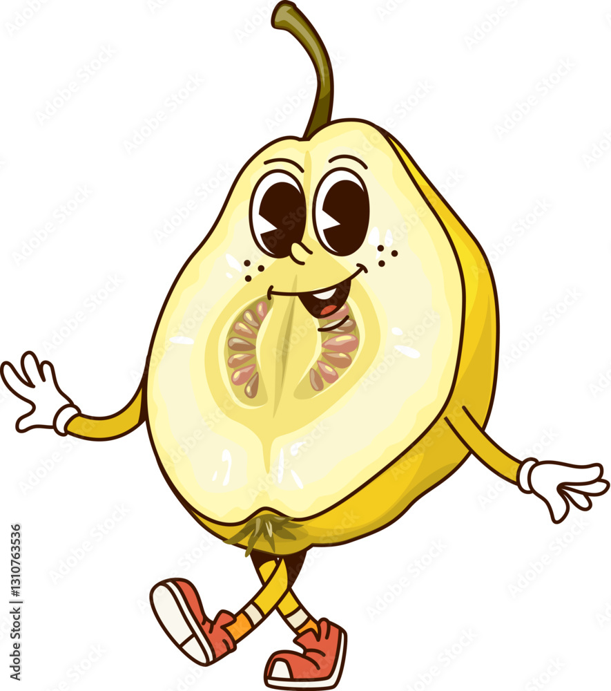 Poster groovy tropical half quince fruit character with playful smile. cartoon vector fun and smiling perso